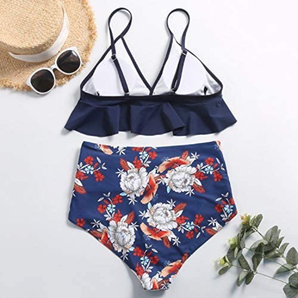 NWT Large: High Waisted Navy & Floral Ruffle Two Piece Bikini Set